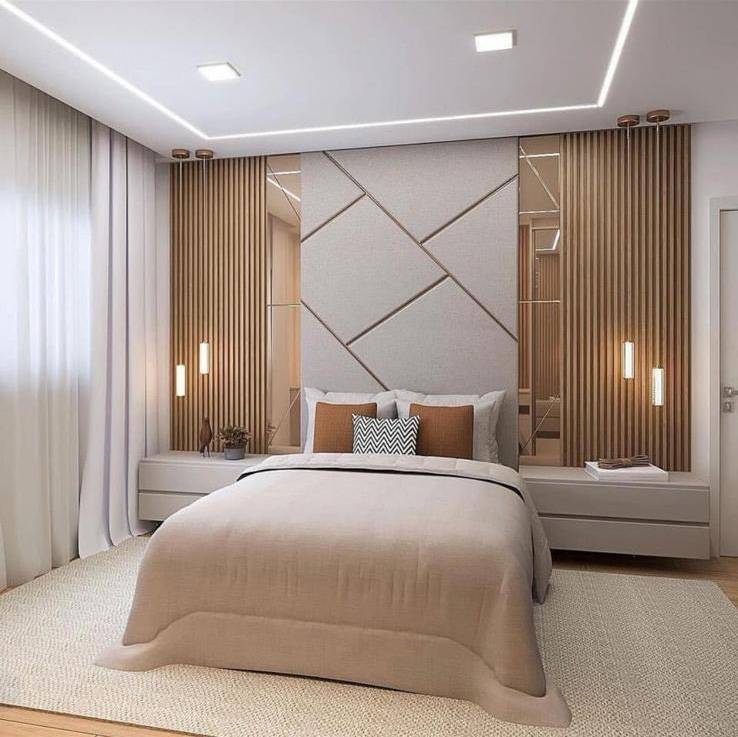 Modern bedroom with slatted wood accent wall, geometric paneling and ambient lighting