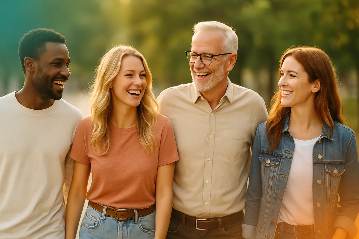 Team aus vier Menschen steht für Networking, Business-Erfolg und globale Zusammenarbeit