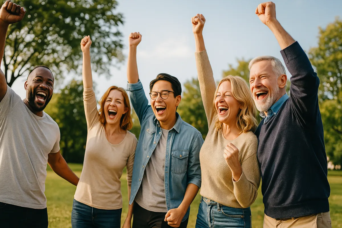 Gruppe glücklicher Menschen jubelt gemeinsam – Symbol für Erfolg, Freiheit und Gemeinschaft