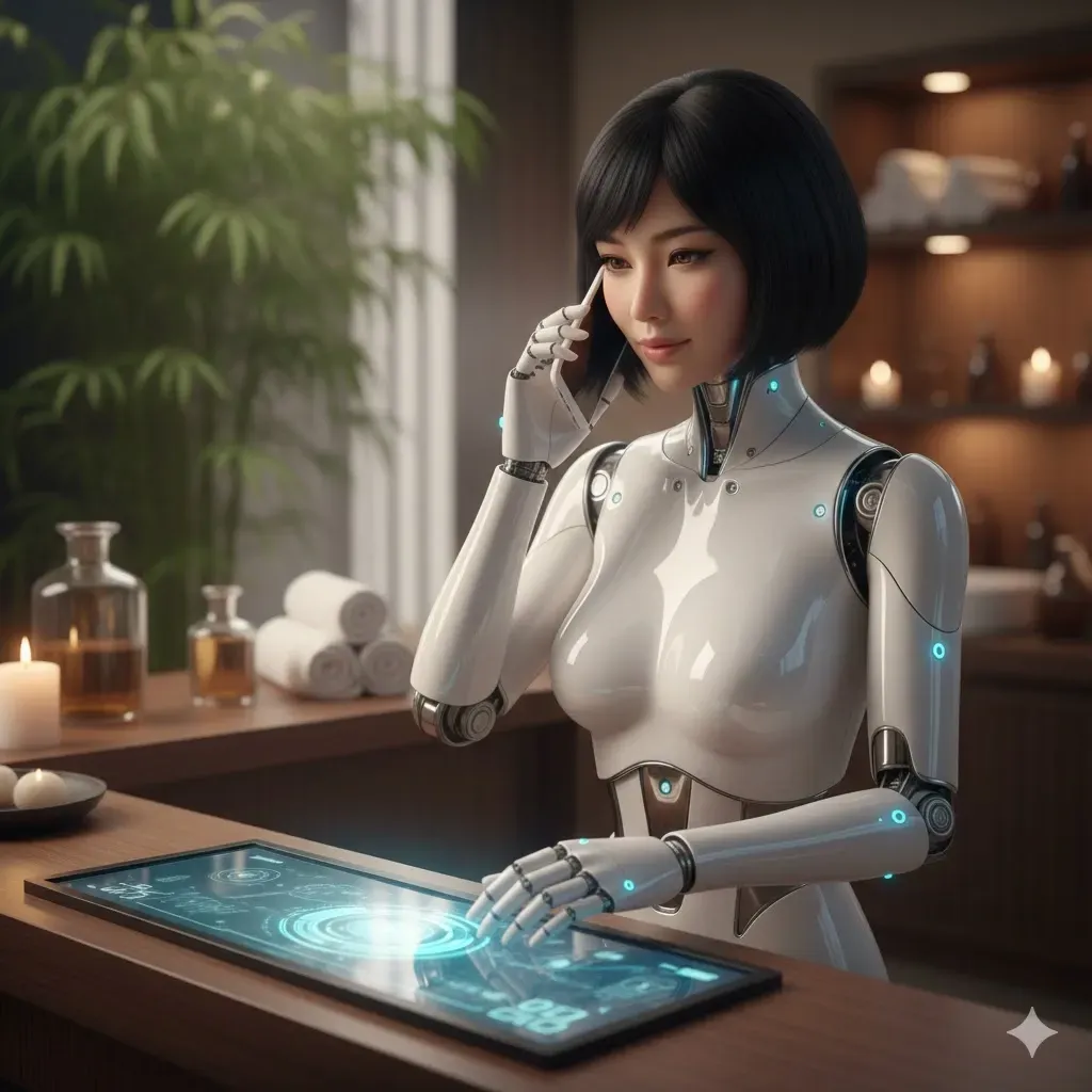 Image of a spa robot answering phone in spa setting