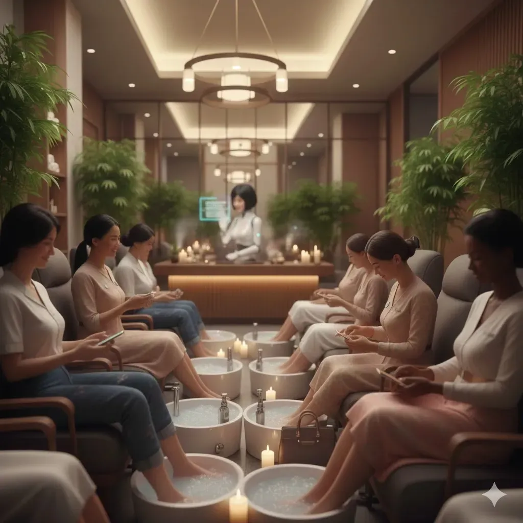 Image of a robot attending a busy spa
