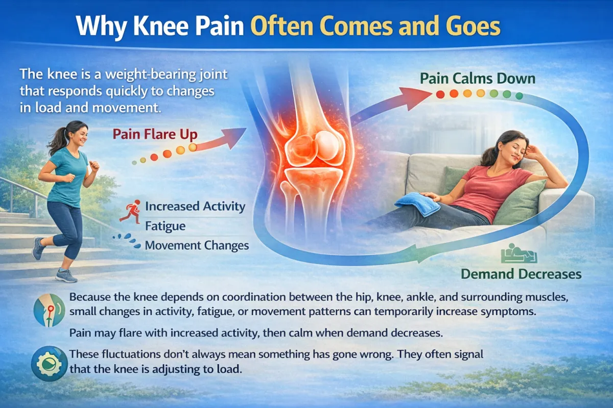 A person resting after physical activity with a highlighted knee joint illustrating how knee pain can flare with increased load and calm as demand decreases.