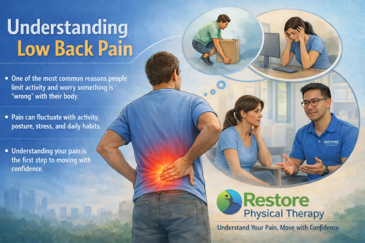 Physical therapist wearing a Restore Physical Therapy shirt educating a female patient about low back pain while another person holds their lower back, showing common causes of back pain and how physical therapy helps improve movement confidence.