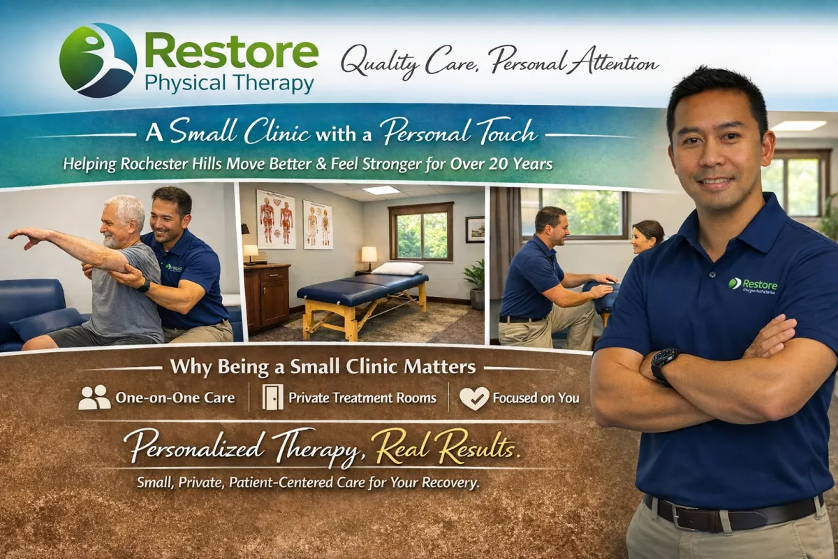 Private one-on-one physical therapy session in a private treatment room at Restore Physical Therapy in Rochester Hills, Michigan