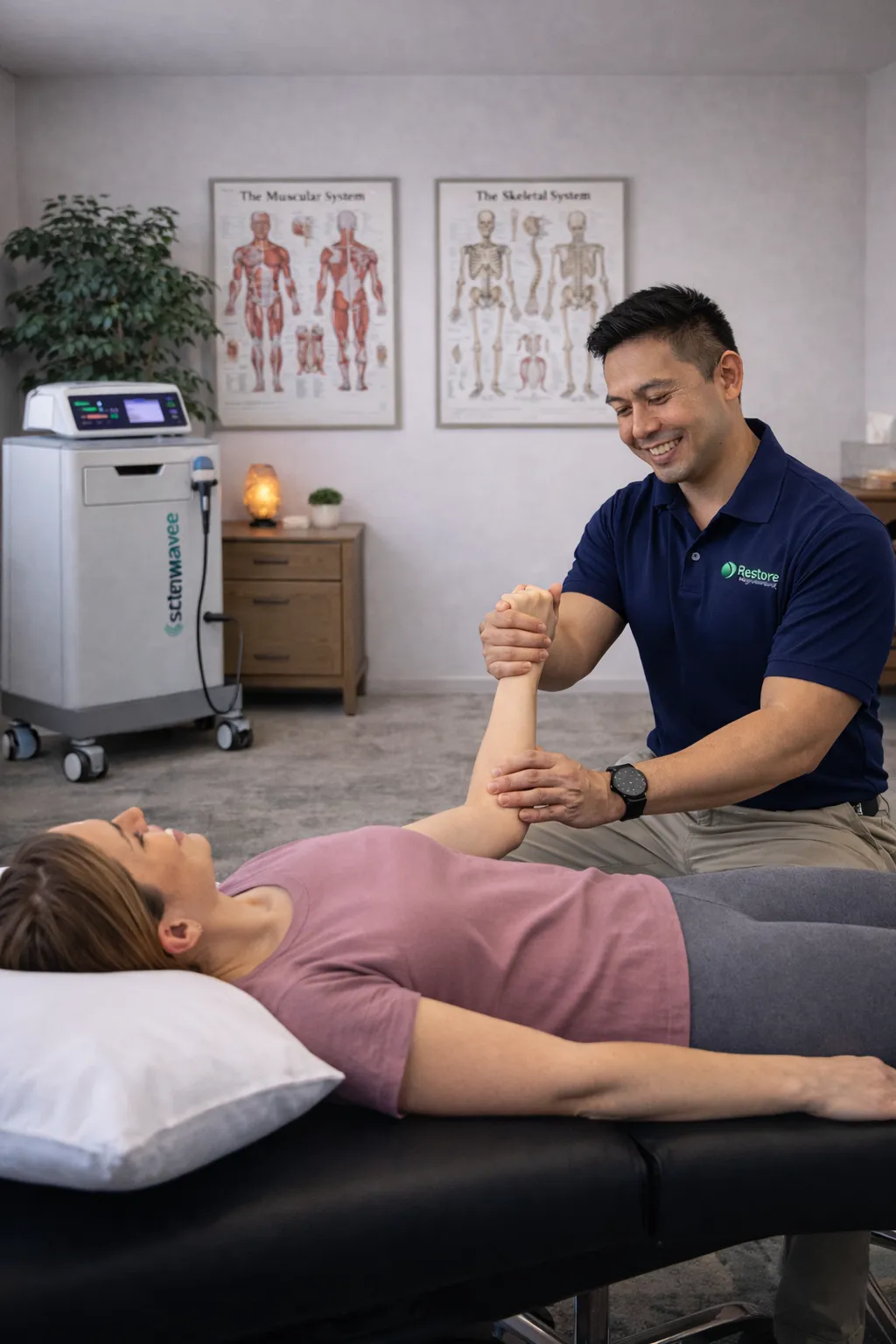 Physical therapist providing private one-on-one care with personal attention in a calm treatment room at Restore Physical Therapy in Rochester Hills, Michigan.