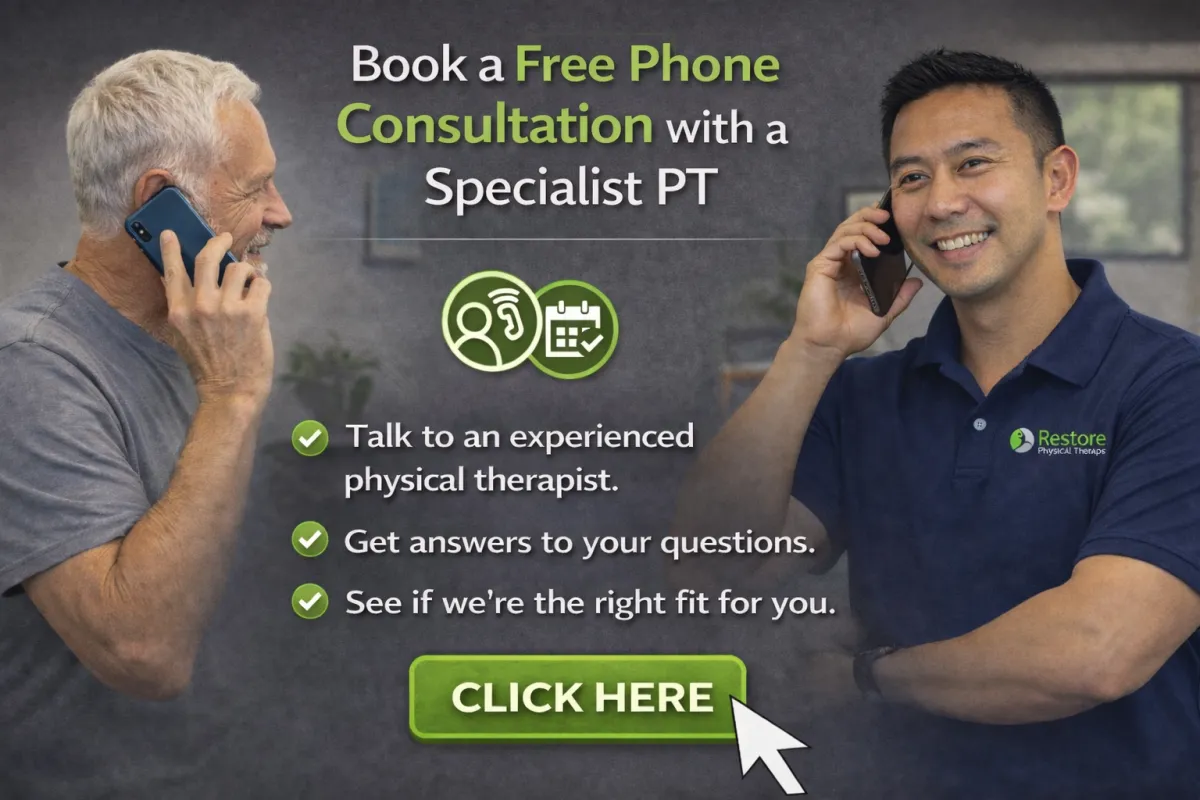 Patient and physical therapist speaking on the phone during a free physical therapy consultation at Restore Physical Therapy in Rochester Hills, Michigan.