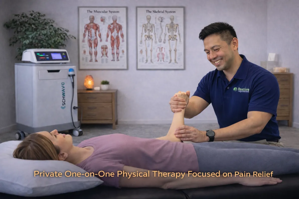 Licensed physical therapist providing one-on-one manual therapy to a patient in a private treatment room at Restore Physical Therapy in Rochester Hills, Michigan.