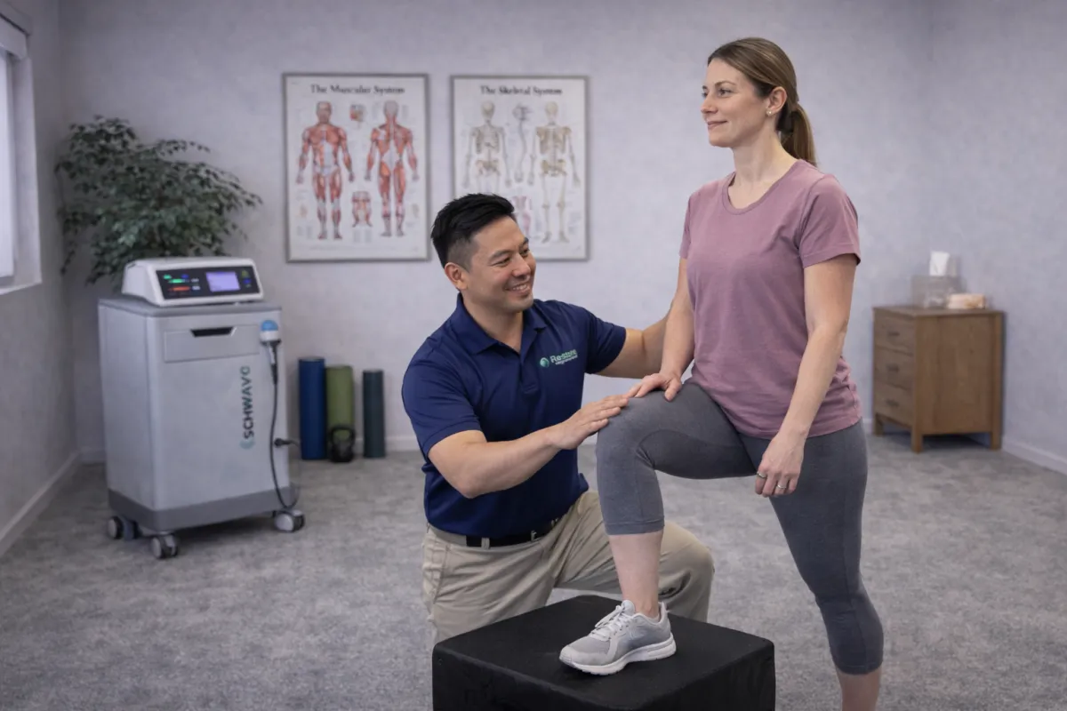 Licensed physical therapist guiding a woman through a step-up exercise during a one-on-one functional rehab session in a private physical therapy clinic in Rochester Hills, Michigan.