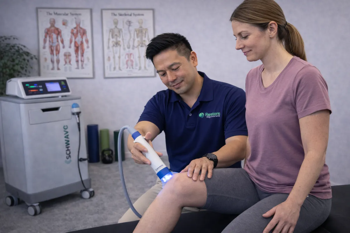 Licensed physical therapist providing StemWave acoustic wave therapy to a patient’s knee during a one-on-one private physical therapy session in a clinic setting.