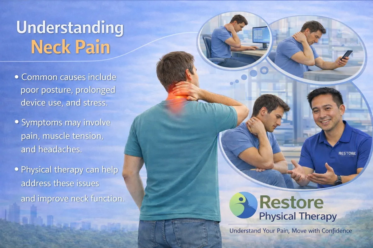 Physical therapist at Restore Physical Therapy in Rochester Hills educating a patient about neck pain, posture-related strain, and treatment options.