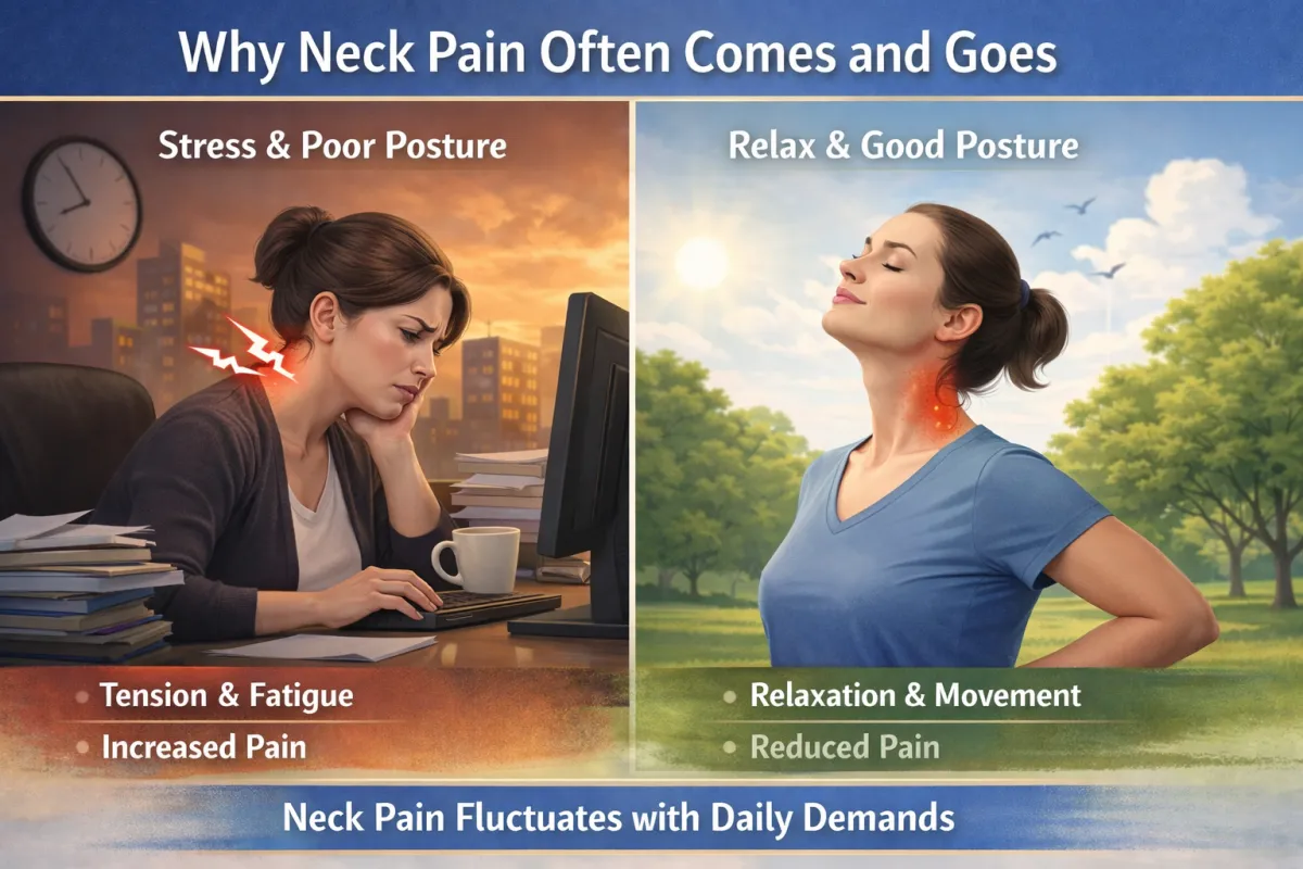 Illustration showing neck pain flare-ups caused by stress and poor posture versus relief with improved posture and movement at physical therapy in Rochester Hills.