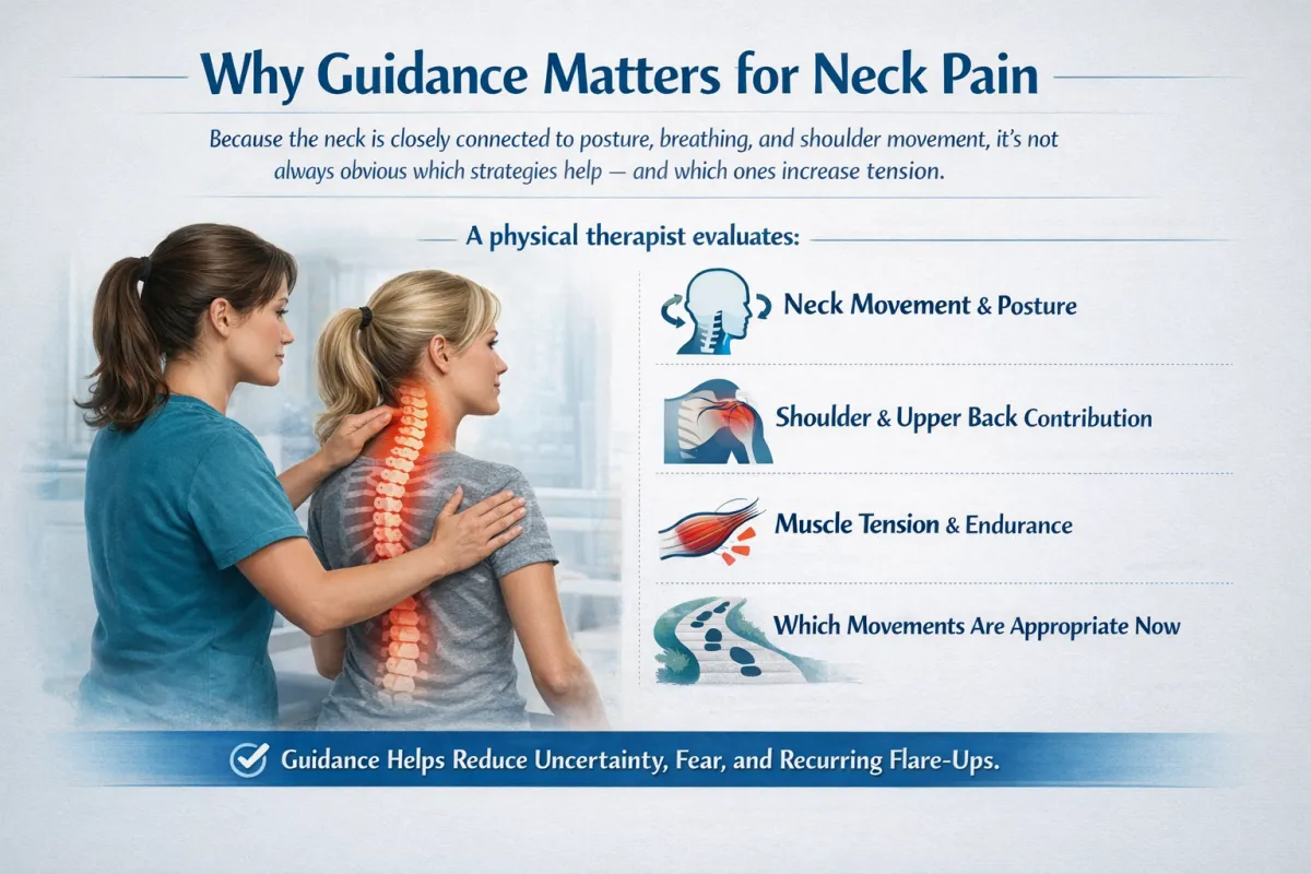 Physical therapist evaluating neck posture, shoulder alignment, and muscle tension during a neck pain assessment at Restore Physical Therapy in Rochester Hills.