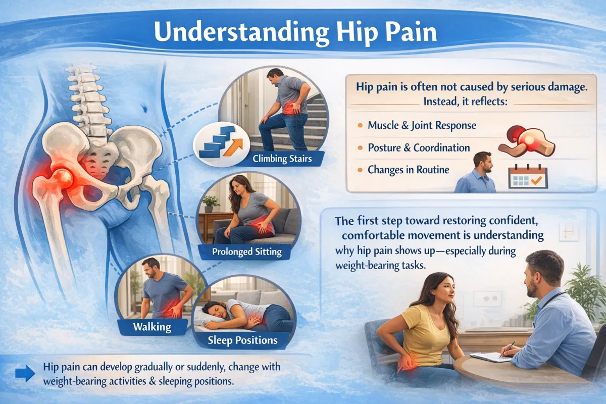 Overview of hip pain showing anatomical hip joint and common triggers like walking, sitting, stairs, and sleeping positions — Restore Physical Therapy Rochester Hills.