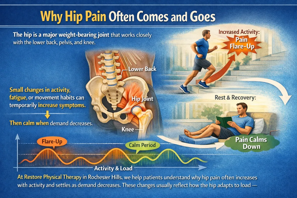 Graphic explaining how hip pain can flare with increased activity and calm with rest, provided by a Rochester Hills physical therapy clinic.