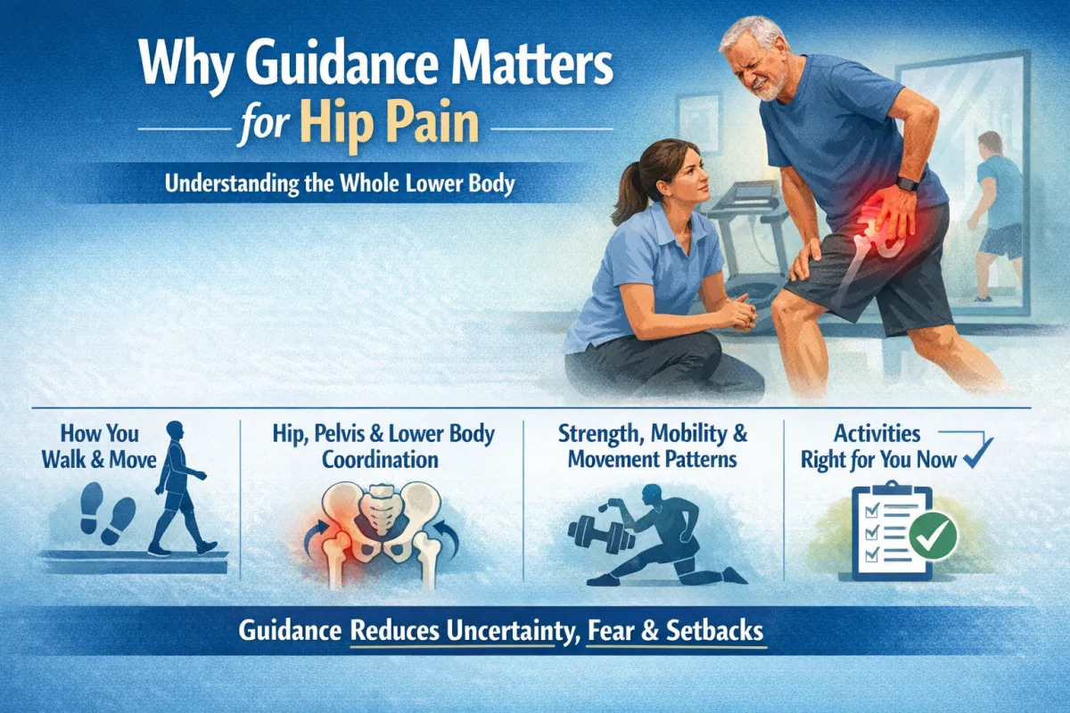 Physical therapist evaluating hip pain and lower-body movement patterns in a patient at Restore Physical Therapy in Rochester Hills, MI.