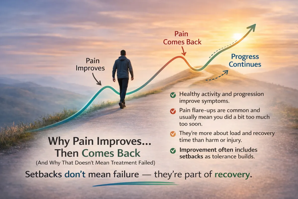 A man experiencing a pain flare-up after initial improvement, showing that recovery is not always linear and setbacks do not mean treatment failed.