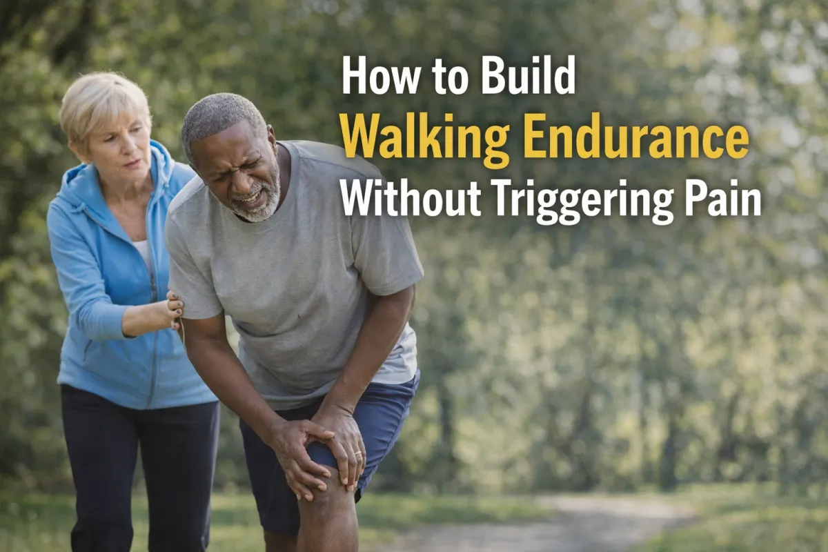 Older adult experiencing knee pain while walking outdoors, highlighting how to build walking endurance safely in Rochester Hills, MI