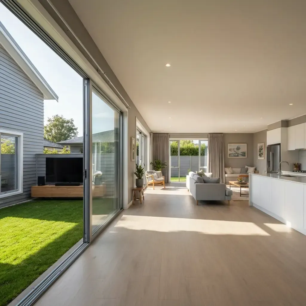 Square backyard photo of a nice home with landscaped lawn and patio