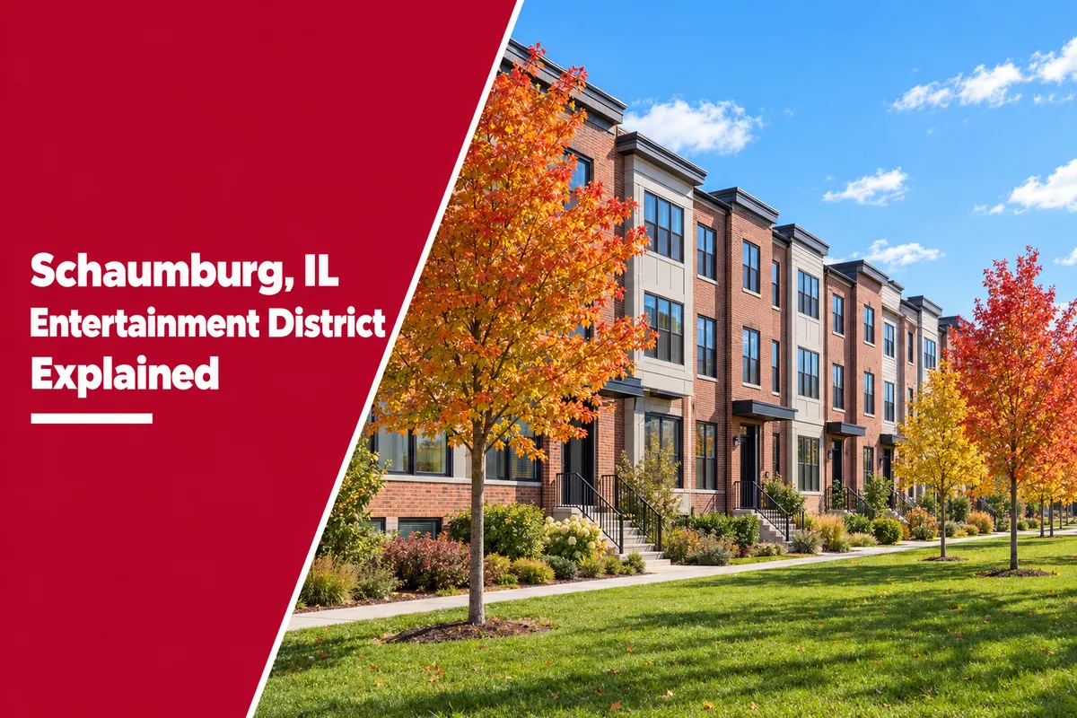 Schaumburg, IL row of new townhomes beside a park on a sunny fall day, illustrating what the Schaumburg entertainment district means for homeowners.