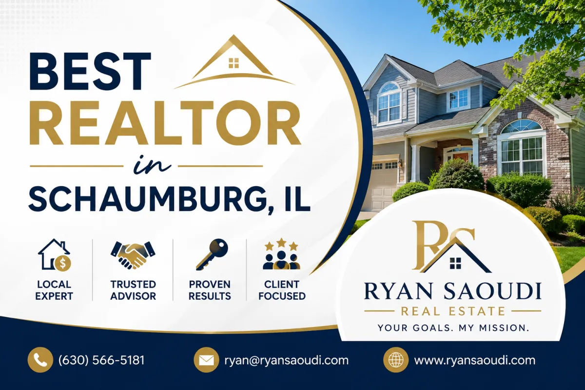 A friendly real estate agent with a client reviewing property listings in Schaumburg IL