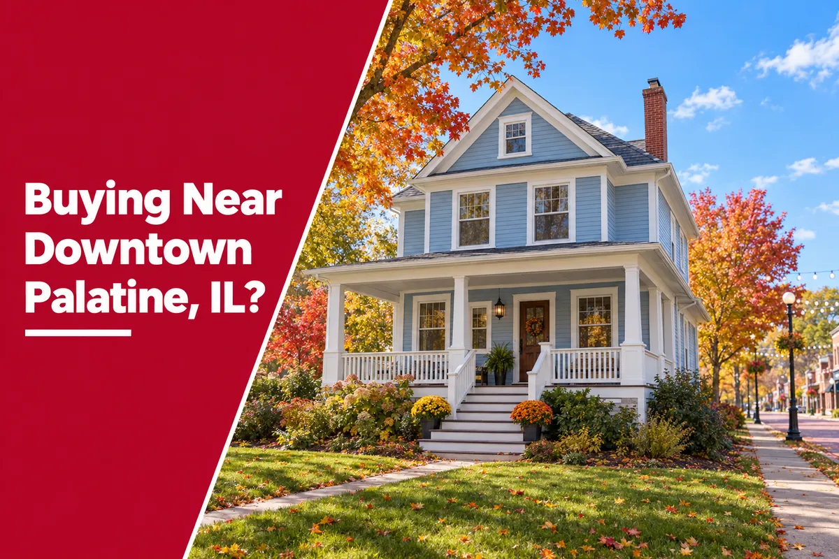 Palatine, IL two-story porch home on a sunny fall street near downtown, illustrating what to check before buying a home near downtown Palatine.