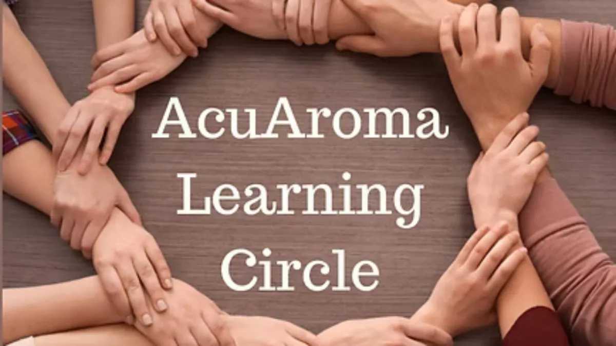 Multiple hands overlapping in a circle over a wooden surface, with text overlay 'AcuAroma Learning Circle'