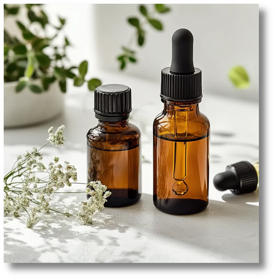 Two amber glass essential oil bottles, one with a black dropper cap, resting on a clean white surface alongside delicate white flowers, conveying natural wellness.