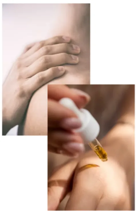 Vertical composite of two overlapping images: the top shows hands pressing an acupressure point on a wrist, the bottom shows golden essential oil being dropped onto a palm.