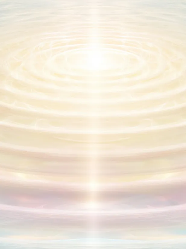 Abstract ethereal artwork featuring soft, glowing concentric rings and auras in pastel peach, purple, and white, suggesting spiritual energy healing and flow.