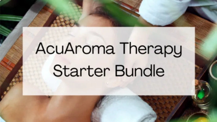 Person lying face down receiving a massage or therapy, with an overlay reading 'AcuAroma Therapy Starter Bundle'