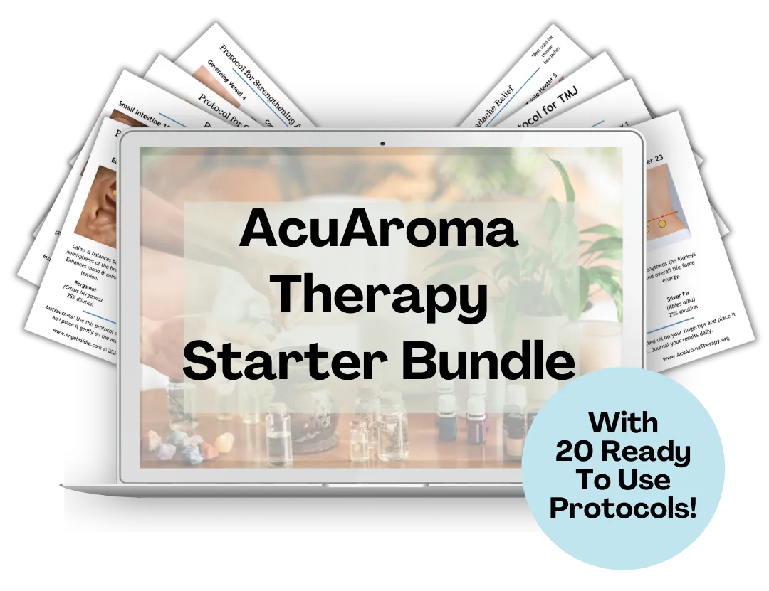 Mockup showing a silver laptop displaying 'AcuAroma Therapy Starter Bundle' surrounded by fanned-out printed instructional protocol sheets, with a light blue circular badge reading 'With 20 Ready To Use Protocols!'