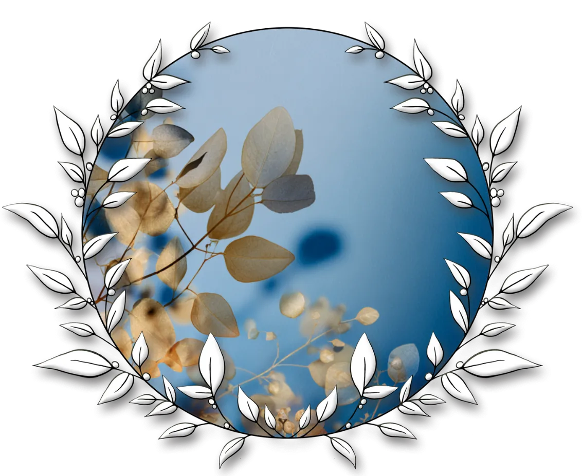 Decorative circular botanical wreath illustration with layered leaves and branches in muted navy, dusty blue, tan, and cream; watercolor/gouache feel on a light background.