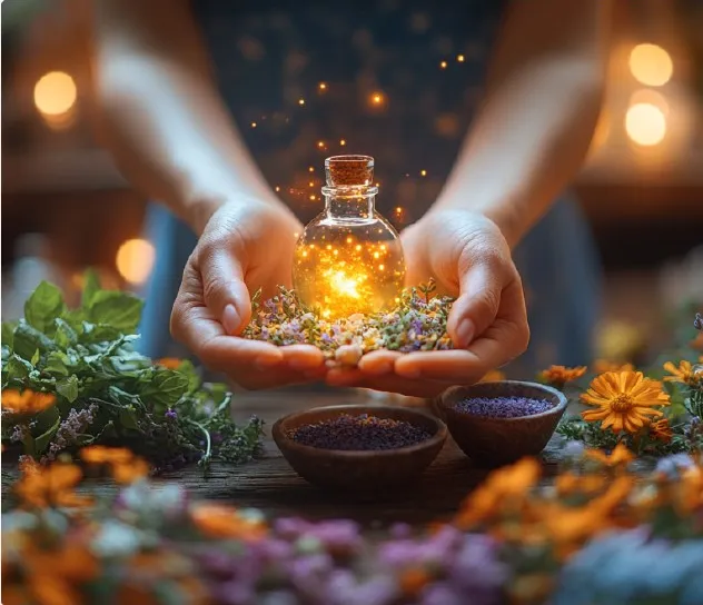 Two hands gently cupping a small, glowing glass bottle containing herbs and light, surrounded by loose flowers and herbs on a dark surface, warm magical lighting