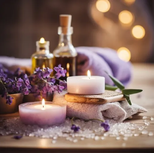 A serene spa setup featuring a glowing white candle, rolled purple towels, lavender sprigs, and small glass bottles of essential oil, warm bokeh background