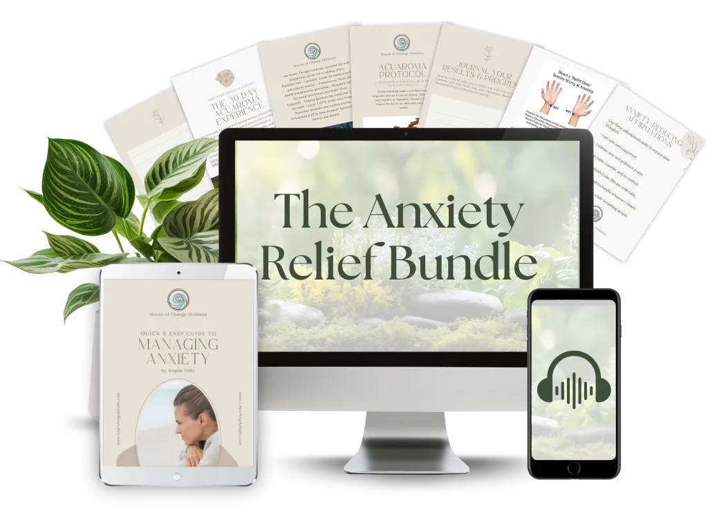 Mockup of 'The Anxiety Relief Bundle' showing a computer monitor, tablet, smartphone, and printed workbooks with green plant leaves in the background.