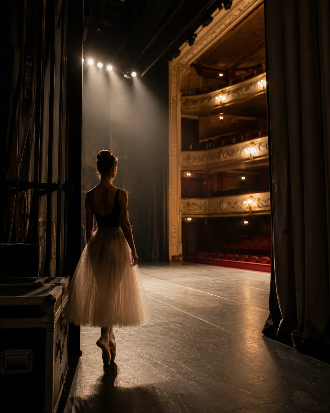 Backstage-Szene in einem klassischen Theater mit Tänzerin vor dem Auftritt, beleuchteter Bühne und leerem Zuschauerraum.