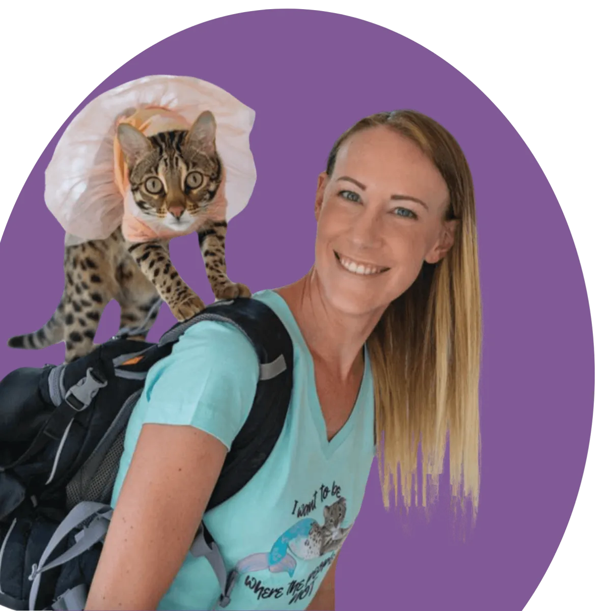 Nina a cat trainer with Flounder on her back