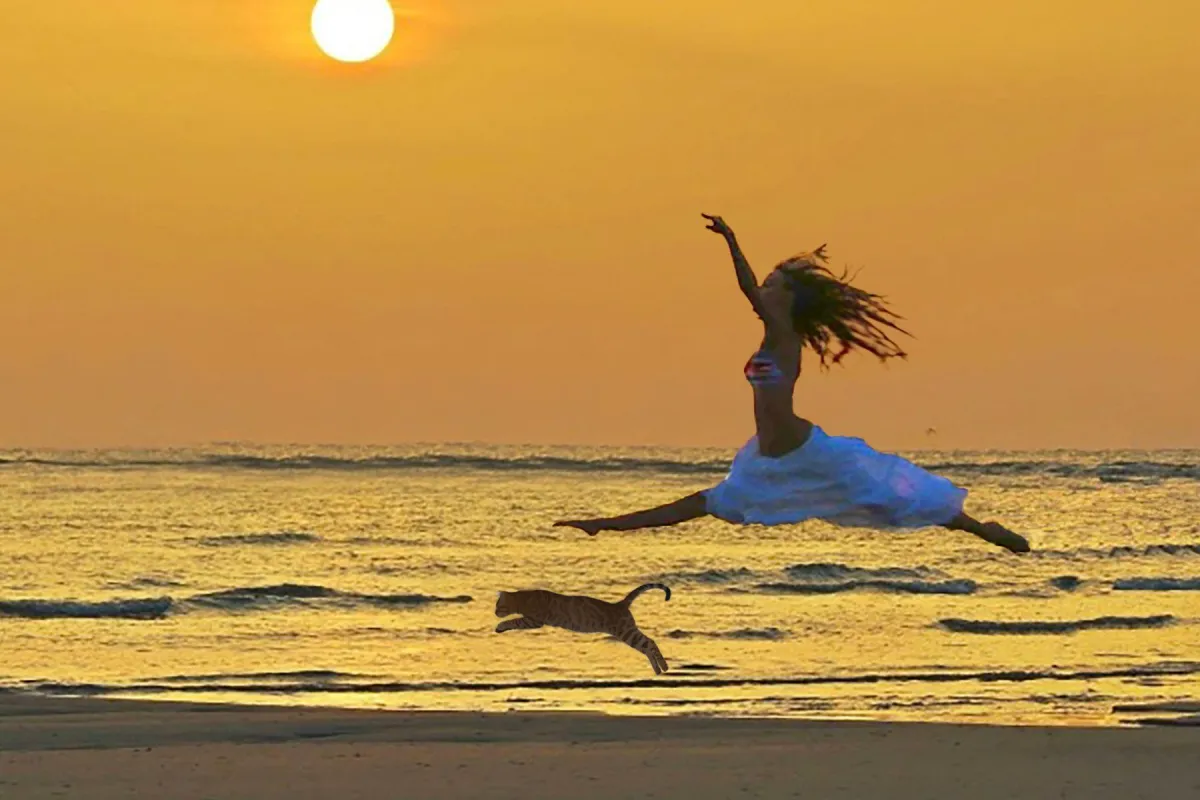 Girl and cat doing Pet ballet on the each at sunrise
