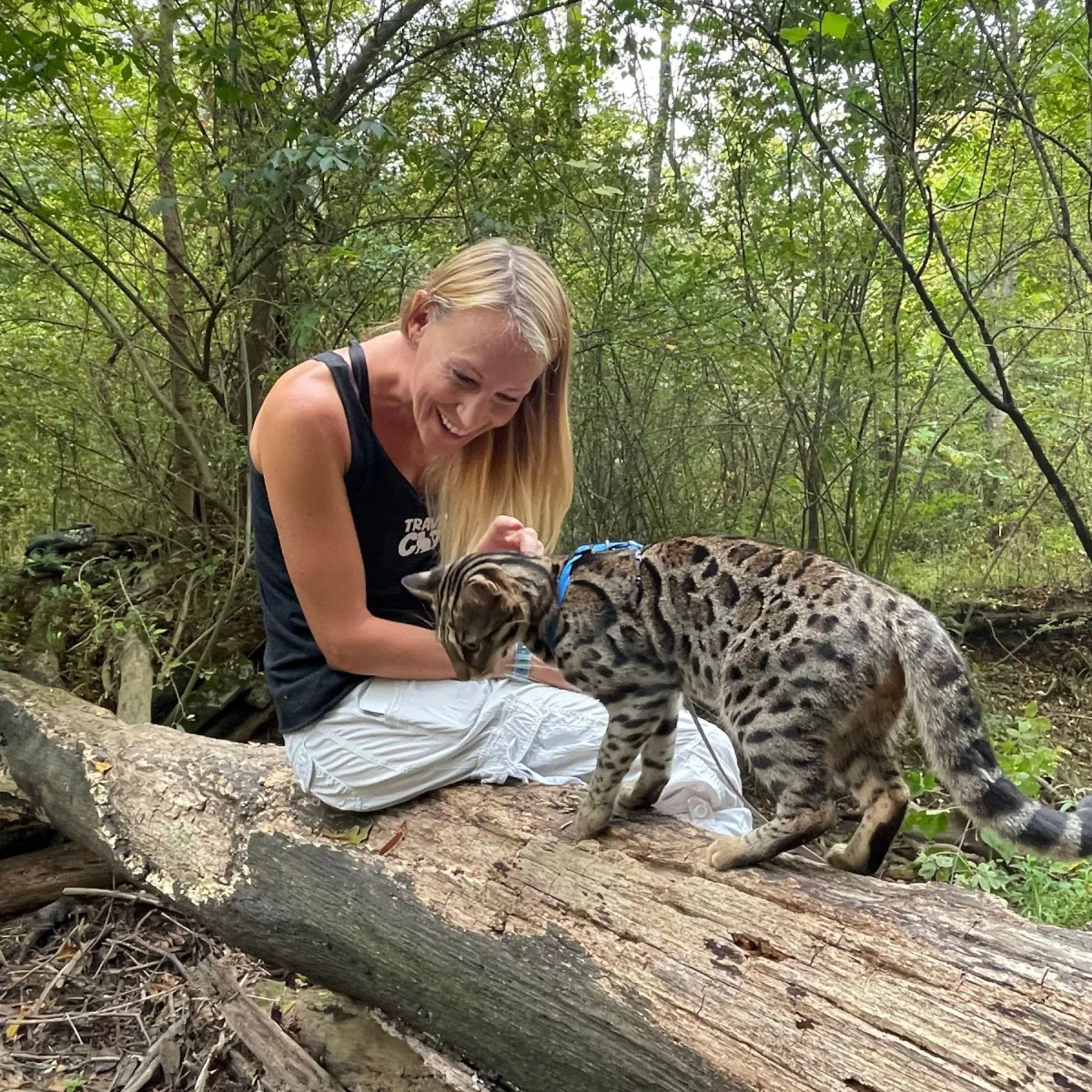 girl petting bengal cat on a log
