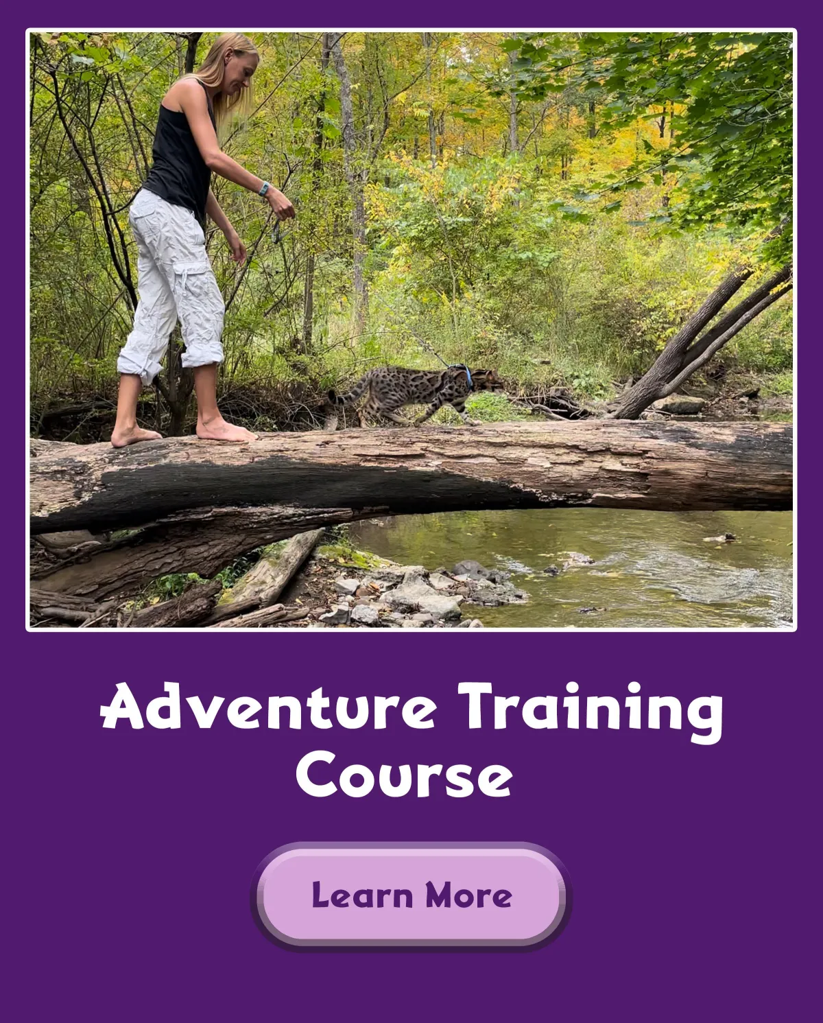girl walking across a log with cat on a leash