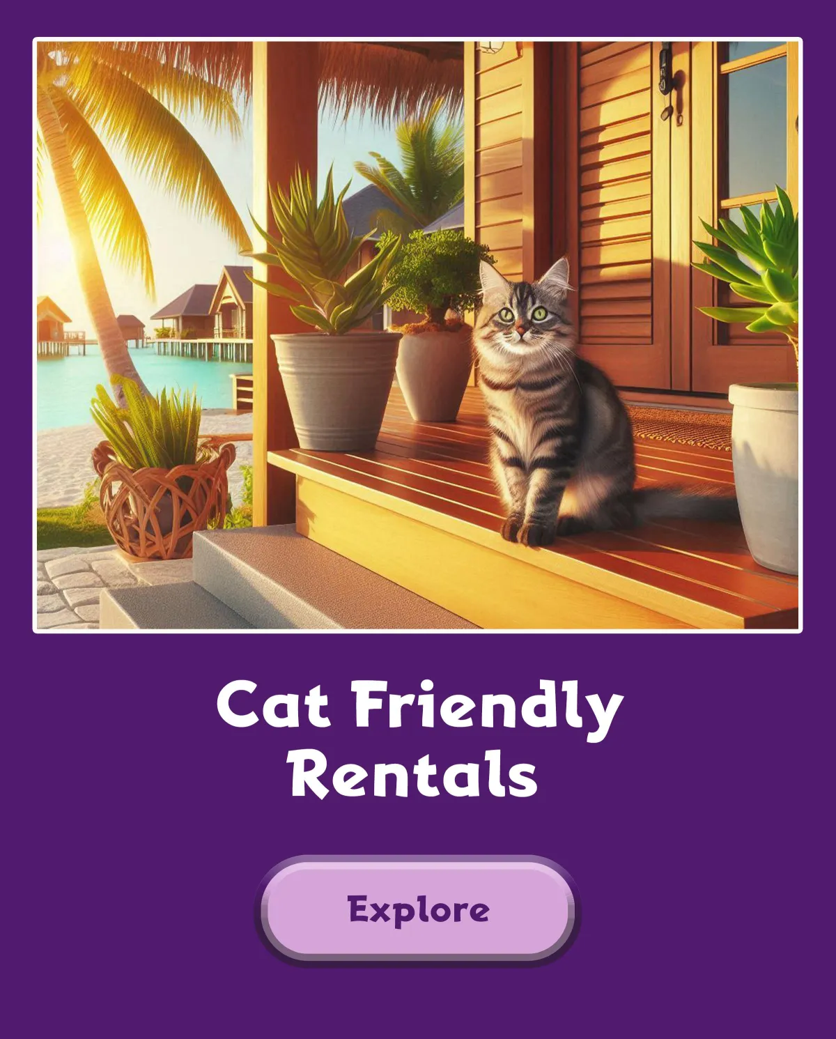 cartoon cat sitting on porch of beach house