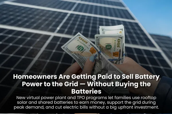 "Homeowners Are Getting Paid to Sell Battery Power to the Grid — Without Buying the Batteries  Subheadline: New virtual power plant and TPO programs let families use rooftop solar and shared batteries to earn money, support the grid during peak demand, and cut electric bills without a big upfront investment."
