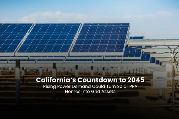 California home with rooftop solar panels and battery storage connected to the electric grid as rising power demand turns solar PPA homes into clean energy grid assets.  