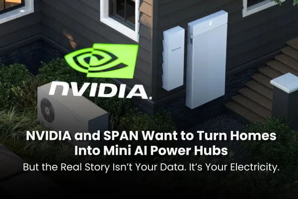 NVIDIA and SPAN smart panel concept showing a home connected to the utility grid, battery backup, solar panels, and an AI data center node.