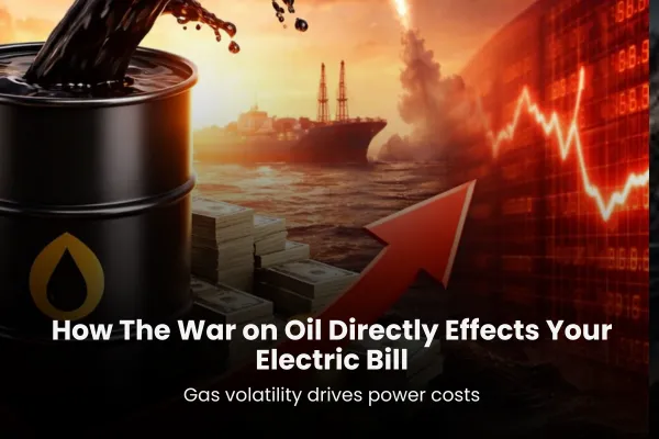 Electric bill, gas pipeline, power plant, solar panels, and home battery showing how fuel volatility affects electricity costs.