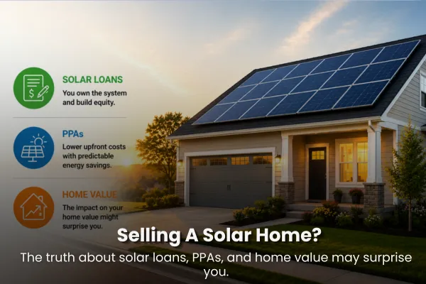 Home for sale with rooftop solar panels while seller reviews solar contract, lease, PPA, and buyer transfer details.