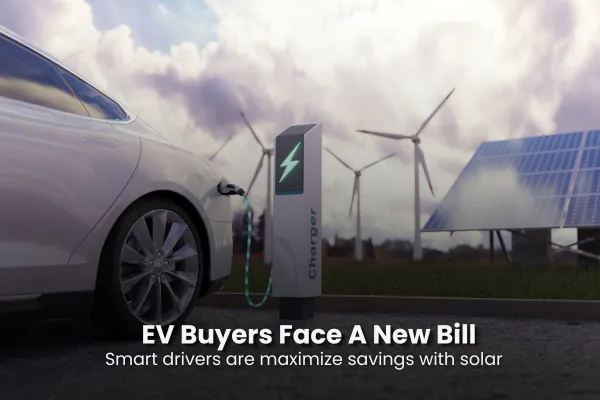 Electric vehicle charging at home while AI data centers draw grid power, with solar panels and battery backup nearby.