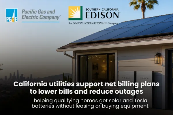 Homeowner reviewing no-upfront solar and Tesla battery options with rooftop panels and a backup battery system.