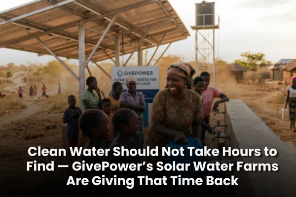 Family receiving safe drinking water from a solar-powered water system instead of walking hours for water.