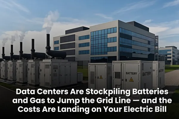 AI data center using batteries and natural gas power while nearby homes rely on solar and battery backup.